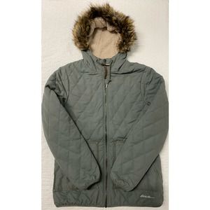 Eddie Bauer Women's Gray Quilted Jacket with Faux Fur Hood